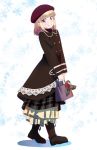  bag bangs blonde_hair blush boots brown_dress brown_footwear closed_mouth commentary_request dress eyebrows_visible_through_hair from_side full_body hat holding iijima_yun long_sleeves new_game! pink_x red_eyes red_hat short_hair smile solo standing v_arms walking 