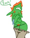  angry clothed clothing female green_skin hair monstro_village not_furry panties pants princess_bitch profanity pubes red_hair sharp_teeth speech_bubble teeth the_weaver topless torn_clothing underwear 