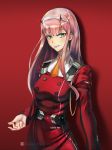  absurdres belt candy character_name copyright_name darling_in_the_franxx drop_shadow eyeshadow food green_eyes hairband highres horns jacket lollipop long_hair looking_at_viewer makeup mouth_hold murasaki_saki parted_lips pink_hair red_background red_jacket simple_background smile solo standing uniform upper_body zero_two_(darling_in_the_franxx) 