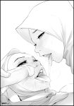  2girls bisexual_(female) blush braces close-up commentary cum cum_in_mouth cum_on_tongue cum_string cum_swap english_commentary eye_contact eyelashes ffm_threesome girl_on_top greyscale group_sex hetero highres hijab incest looking_at_another lying_on_person monochrome mother_and_daughter multiple_girls original penis threesome tongue tongue_out uncensored zephyr_aile 