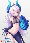  1girl :d aqua_eyes asymmetrical_clothes bangs bare_shoulders blue_eyes chinese_commentary commentary_request contrapposto cowboy_shot diabla_(elsword) diadem elbow_gloves elsword eyebrows_visible_through_hair flat_chest gloves gradient gradient_background grey_background hair_between_eyes half-closed_eyes horns long_hair looking_at_viewer luciela_r._sourcream naughty_face navel nipples open_mouth parted_bangs patreon_username pointy_ears raised_eyebrows see-through simple_background single_pantsleg smile solo standing symbol-shaped_pupils tail thick_eyebrows thighs torn_clothes very_long_hair waero watermark web_address white_hair 