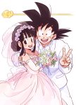  1boy 1girl :d bare_shoulders black_eyes black_hair bouquet bow bowtie chi-chi_(dragon_ball) commentary_request couple dragon_ball dragon_ball_(classic) dress elbow_gloves eyelashes fingernails flower flying_nimbus formal gloves happy hetero highres holding image_sample jewelry looking_at_viewer necklace open_mouth pearl_necklace pink_dress pink_flower purple_flower rose short_hair simple_background sleeveless sleeveless_dress smile son_gokuu spiked_hair suit tied_hair tkgsize twitter_sample v veil wedding_dress white_background white_flower white_rose white_suit 
