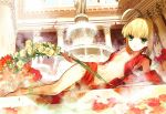  absurdres ahoge anklet architecture bangs barefoot blonde_hair braid center_opening closed_mouth column fate/extra fate_(series) flat_chest flower fountain full_body green_eyes hair_flower hair_ornament highres holding huge_filesize jewelry legs looking_at_viewer lying navel nero_claudius_(fate) nero_claudius_(fate)_(all) official_art on_side open_clothes petals pillar scan solo wada_aruko water 