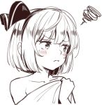  asutora bare_shoulders blush collarbone commentary_request covering covering_breasts eyebrows_visible_through_hair greyscale hair_ornament hairband hand_up konpaku_youmu looking_away looking_to_the_side monochrome naked_towel short_hair solo squiggle touhou towel upper_body 