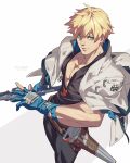  1boy antenna_hair bare_pectorals belt blonde_hair blue_eyes blue_gloves character_name closed_mouth collarbone dated fingerless_gloves fingernails gloves guilty_gear guilty_gear_strive hair_between_eyes highres holding holding_sword holding_weapon ky_kiske male_focus muscular muscular_male partially_fingerless_gloves pectorals scabbard sheath smile solo sword talgi unsheathed weapon x 