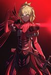  antonio_salieri_(fate/grand_order) antonio_salieri_(fate/grand_order)_(cosplay) armor blonde_hair braid cosplay elbow_gloves fate/grand_order fate_(series) gloves green_eyes grin hand_up holding holding_weapon hsin legs_apart looking_at_viewer mordred_(fate) mordred_(fate)_(all) red red_background short_hair shoulder_armor smile solo spaulders standing weapon 