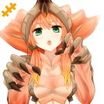  1girl :o aguila bangs breasts claw_pose claws commentary_request eyebrows_visible_through_hair gradient_hair green_eyes hair_between_eyes hair_over_shoulder hair_tie hands_up head_tilt highres long_hair looking_at_viewer medium_breasts monster_girl multicolored_hair open_mouth orange_hair personification shiny shiny_hair simple_background solo twintails ultra_kaijuu_gijinka_keikaku ultra_series upper_body upper_teeth watarui white_background 