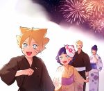  2girls :d aerial_fireworks blonde_hair blue_eyes facial_mark family father_and_daughter father_and_son fireworks husband_and_wife hyuuga_hinata japanese_clothes kimono lavender_eyes long_hair mother_and_daughter mother_and_son multiple_boys multiple_girls naruto naruto_(series) nonko_(mccss00252) open_mouth short_hair smile uzumaki_boruto uzumaki_himawari uzumaki_naruto whisker_markings yukata 