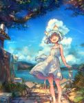  ahoge animal_ears bangs bare_shoulders day dress feet_out_of_frame happy head_tilt highres hill nattorin ocean open_mouth original road short_hair sky smile street sundress tail town tree white_hair wind yellow_eyes 