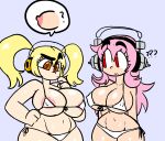  2girls areola_slip areolae bikini blonde_hair breasts cleavage curvy erect_nipples headphones highres jellot large_breasts long_hair multiple_girls navel nipples pink_eyes pink_hair red_eyes short_hair side-tie_bikini super_pochaco super_sonico swimsuit thick_thighs twintails white_bikini wide_hips 