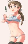  1girl ahoge areola_slip areolae bad_id bad_pixiv_id blue_eyes braid breasts brown_hair camisole cowboy_shot eyebrows_visible_through_hair hair_tie lynette_bishop makio_(makiomeigenbot) navel open_mouth panties shirt_lift single_braid small_breasts solo strike_witches sweatdrop thighhighs underboob underwear world_witches_series 