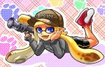  bike_shorts blonde_hair blue_eyes domino_mask fangs full_body gun hat higami_akabane inkling legs_up lying mask octoshot_(splatoon) on_stomach open_mouth paw_print pointy_ears smile solo splatoon_(series) tentacle_hair the_pose weapon 
