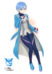 absurdres artist_name blanche_(pokemon) blanche_(pokemon)_(cosplay) blue_coat blue_eyes blue_footwear blue_hair blush carlo_montie coat cosplay full_body hair_between_eyes hair_ornament hand_on_own_chest highres holding holding_poke_ball logo looking_at_viewer open_clothes open_coat pants parted_lips poke_ball poke_ball_(generic) pokemon pokemon_go re:zero_kara_hajimeru_isekai_seikatsu rem_(re:zero) short_hair sleeves_past_wrists solo x_hair_ornament 