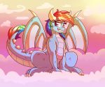  2018 absurd_res alternate_species blue_scales claws cloud cute dragon eyebrows eyelashes fangs female friendship_is_magic graphene grin hair hi_res horn membranous_wings multicolored_hair my_little_pony nude outside portrait purple_eyes rainbow_dash_(mlp) rainbow_hair scales scalie sitting sky slit_pupils smile solo teeth thick_tail toe_claws wings 