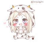  :d animal_costume animal_ears bad_id bad_pixiv_id blue_eyes blush bottle chibi commission cow_costume cow_ears cow_girl cow_hood cow_horns cow_tail fake_animal_ears full_body girls_frontline grey_hair highres holding holding_bottle honyang hood hood_up horns long_hair looking_at_viewer milk_bottle mp5_(girls_frontline) open_mouth platinum_blonde_hair simple_background sitting smile solo tail twitter_username v-shaped_eyebrows white_background 