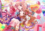  :d ;d \m/ animal_ears balloon blue_background blue_hat bow brown_eyes brown_hair bunny bunny_ears candy_hair_ornament detached_sleeves diagonal-striped_background diagonal_stripes food_themed_hair_ornament futaba_anzu gloves hair_bow hair_ornament hat heart heart_hair_ornament highres idolmaster idolmaster_cinderella_girls idolmaster_cinderella_girls_starlight_stage long_hair looking_at_viewer mismatched_legwear misumi_(macaroni) moroboshi_kirari multicolored_bow multiple_girls neck_ribbon one_eye_closed open_mouth orange_bow orange_legwear pink_background pink_bow pink_legwear pink_skirt polka_dot polka_dot_hat red_bow red_eyes red_footwear red_ribbon ribbon skirt smile sparkle star striped striped_background striped_bow striped_skirt striped_sleeves top_hat v vertical-striped_skirt vertical_stripes white_background white_bow white_gloves white_legwear 