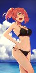  ;d bad_id bad_twitter_id bikini black_bikini breasts brown_eyes cleavage cloud cloudy_sky collarbone commentary_request cowboy_shot day eyebrows_visible_through_hair hand_on_hip highres idolmaster idolmaster_cinderella_girls jougasaki_mika looking_at_viewer medium_breasts mokuzu_(mokuzzzzz) navel ocean one_eye_closed open_mouth outdoors pink_hair short_hair short_ponytail sky smile solo standing swimsuit zipper zipper_pull_tab 