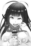  bangs bar_censor black_hair censored commentary_request fate/grand_order fate_(series) fellatio greyscale highres kisaki_(strange_s_k) long_hair looking_at_viewer monochrome open_mouth oral oryou_(fate) penis pov pubic_hair saliva scarf sketch tongue tongue_out uneven_eyes 