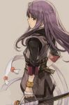  bangs closed_mouth grey_background hankuri holding holding_sword holding_weapon long_hair looking_at_viewer male_focus purple_eyes purple_hair short_sleeves solo sword tales_of_(series) tales_of_vesperia weapon wristband yuri_lowell 