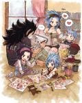  3girls :d black_hair black_shirt black_shorts blue_hair blush bookshelf breasts brown_legwear brown_nails brown_pants brown_shorts cleavage detached_sleeves eye_contact fairy_tail fang gajeel_redfox grey_legwear grin hand_on_another's_head headband heart holding holding_pen indian_style indoors levy_mcgarden long_hair looking_at_another multiple_boys multiple_girls nail_polish open_mouth overalls pantherlily pants pantyhose pen rusky shirt short_shorts short_sleeves shorts signature sitting sketch sketchbook sketching sleeveless small_breasts smile striped striped_shirt thighhighs vertical-striped_shirt vertical_stripes very_long_hair white_legwear window wooden_floor zettai_ryouiki 