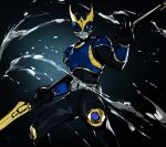  armor bodysuit commentary_request helm helmet holding holding_weapon kamen_rider kamen_rider_kuuga kamen_rider_kuuga_(series) kotatsu_(g-rough) looking_at_viewer male_focus polearm protected_link sketch solo spear weapon 