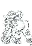  anus black_and_white female gun looking_back machine monochrome monocrome orisa_(overwatch) overwatch presenting pussy ranged_weapon robot simple_background solo the_gentle_giant video_games weapon white_background 