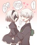  1boy 1girl android black_blindfold black_dress black_hairband blindfold covered_eyes feather-trimmed_sleeves gloves hairband heart juliet_sleeves long_sleeves nier_(series) nier_automata puffy_sleeves short_hair translation_request white_hair yorha_no._2_type_b yorha_no._9_type_s younger 