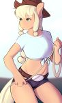  2016 anthro anthrofied applejack_(mlp) belt big_breasts breasts clothed clothing earth_pony equine female friendship_is_magic hair hat hi_res holding_object horse long_hair mammal my_little_pony pony rope solo tsudamaku 