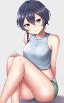  arm_behind_back ass black_hair blue_eyes braid crop_top eyebrows_visible_through_hair green_shorts hair_between_eyes hand_on_own_knee hashi highres kohiruimaki_karen legs looking_at_viewer midriff ribbed_sweater short_hair short_hair_with_long_locks short_shorts shorts side_braid single_braid sitting smile solo sweater sweater_vest sword_art_online sword_art_online_alternative:_gun_gale_online thighs white_sweater 