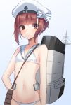  bangs bikini brown_eyes brown_hair clothes_writing eyebrows_visible_through_hair flat_chest gradient gradient_background hat highres kantai_collection light_blush machinery mizuki_eiru_(akagi_kurage) navel rigging sailor_bikini sailor_collar sailor_hat short_hair smokestack solo swimsuit white_background white_bikini white_hat white_sailor_collar z3_max_schultz_(kantai_collection) 