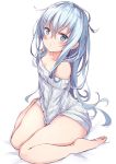  bare_legs bare_shoulders barefoot between_legs blue_eyes blush collarbone commentary_request eyebrows_visible_through_hair hair_between_eyes hand_between_legs hibiki_(kantai_collection) highres kantai_collection long_hair looking_at_viewer open_mouth silver_hair simple_background sitting solo sweater thighs verniy_(kantai_collection) wariza white_background yukishiro_arute 