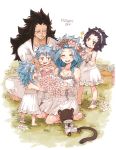  3girls :d anklet bare_shoulders barefoot black_hair blue_hair breasts brown_eyes cleavage closed_eyes crossed_arms detached_sleeves dress fairy_tail flower gajeel_redfox hair_flower hair_ornament head_tilt head_wreath indian_style jewelry kneeling levy_mcgarden long_hair mother's_day multiple_boys multiple_girls nose_piercing open_mouth pantherlily pants piercing pink_flower pink_rose rose rusky scar shirt short_dress short_sleeves simple_background sitting sleeveless sleeveless_dress small_breasts smile standing sundress very_long_hair white_background white_dress white_pants white_shirt 