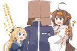  2girls admiral_(kantai_collection) ahoge blonde_hair blue_eyes blue_sailor_collar box box_on_head brown_eyes brown_hair commentary_request detached_sleeves double_bun dress enjaku_izuku hairband hat headgear highres japanese_clothes jervis_(kantai_collection) kantai_collection kongou_(kantai_collection) long_hair multiple_girls nontraditional_miko open_mouth ribbon-trimmed_sleeves ribbon_trim sailor_collar sailor_dress sailor_hat short_sleeves simple_background smile translated upper_body upper_teeth white_background white_hat 