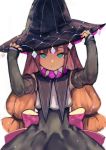  back_bow black_skirt blue_eyes bow brown_hair closed_mouth commentary_request detached_sleeves hands_on_headwear hands_up hat high-waist_skirt long_hair low-tied_long_hair original pink_bow sibyl skirt sleeves_past_wrists solo witch_hat 