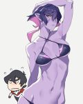  1girl arched_back armpits ban bikini black_hair collarbone covered_nipples facial_mark frown hand_behind_head highres hyakujuu-ou_golion keith_(voltron) krolia lips looking_at_viewer mother_and_son multicolored_hair navel parted_lips purple_eyes purple_hair purple_skin simple_background swimsuit two-tone_hair voltron:_legendary_defender wide_hips 