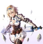  armor belt blonde_hair breasts brown_eyes closed_mouth eyebrows_visible_through_hair fingerless_gloves gauntlets gloves granblue_fantasy granblue_fantasy_project_re:link hair_between_eyes hairband holding holding_sword holding_weapon kuro_emimi looking_at_viewer medium_breasts miniskirt pleated_skirt rock sheath sheathed skirt smile solo sword thighhighs v-shaped_eyebrows weapon white_background white_skirt 