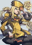  black_legwear black_skirt blonde_hair blue_eyes commentary cowboy_shot flower grey_background guilty_gear guilty_gear_xrd hair_flower hair_ornament hand_up hat highres jacket jewelry long_hair long_sleeves looking_at_viewer millia_rage one_eye_closed pantyhose parted_lips prehensile_hair ring simple_background skirt solo thumb_ring westxost_(68monkey) yellow_jacket 