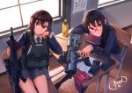  arm_support armband armband_removed assault_rifle bag black_hair blue_eyes book bottle brown_hair bulletproof_vest bullpup c.c._lemon classroom cz-805 dreadtie glasses gun highres holding holding_gun holding_weapon indoors iwi_x95 load_bearing_vest magazine_(weapon) multiple_girls original pantyhose plate_carrier purple_eyes radio rifle school school_bag school_uniform signature sitting stanag_magazine weapon window 