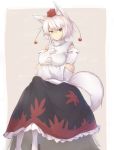  alder animal_ears breasts brown_eyes closed_mouth crossed_arms detached_sleeves hat highres inubashiri_momiji large_breasts long_skirt looking_at_viewer red_hat short_hair skirt smile socks solo tail thick_eyebrows tokin_hat touhou white_hair white_legwear wolf_ears wolf_tail 
