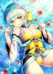  aqua_hair aqua_kimono bikini breasts dragon_girl dragon_horns fate/grand_order fate_(series) flower horns japanese_clothes kimono kiyohime_(fate/grand_order) kiyohime_(swimsuit_lancer)_(fate) long_hair looking_at_viewer lying medium_breasts minamo25 obi off_shoulder on_back sash solo swimsuit wide_sleeves yellow_bikini yellow_eyes 