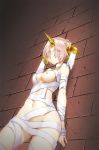  against_wall bandages breasts brick_wall closed_mouth dutch_angle eyes_visible_through_hair fate/apocrypha fate_(series) frankenstein's_monster_(fate) from_below frown horn kuro_emimi medium_breasts naked_bandage navel nipples short_hair standing 