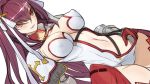  breasts brown_eyes center_opening chainmail cleavage clothes_pull commentary_request cosplay covered_nipples fate/grand_order fate_(series) gauntlets gloves hair_intakes hair_ribbon large_breasts long_hair navel pupps purple_hair ribbon saint_martha saint_martha_(cosplay) scathach_(fate)_(all) scathach_(fate/grand_order) simple_background solo thighhighs white_background 