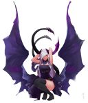  absurdres armpits belt black_legwear closed_mouth commentary dress english_commentary full_body grey_hair hair_over_one_eye hands_up highres horns large_wings less long_hair multiple_tails original purple_dress red_eyes short_dress signature simple_background smile solo spread_wings squatting tail thighhighs two_tails white_background wings 