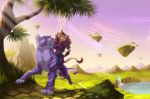  2018 anthro claws clothed clothing day detailed_background digital_media_(artwork) duo feline female feral fur grass hyhlion mammal outside paws purple_fur saber-toothed_cat sky smile tree waterfall whiskers 