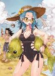  2girls ball bare_shoulders barefoot beach beachball bikini black_hair black_swimsuit blonde_hair blue_hair blue_sky bracelet breasts brown_hat casual cleavage closed_eyes cloud collarbone day fairy_tail flower food gajeel_redfox grey_ribbon grey_shorts grin groin hair_ornament hair_scrunchie hat hat_flower hat_ribbon highleg highleg_swimsuit holding holding_food ice_cream jewelry levy_mcgarden long_hair looking_away lucy_heartfilia medium_breasts mouth_hold multiple_boys multiple_girls natsu_dragneel o-ring o-ring_swimsuit outdoors pantherlily pink_hair red_scrunchie ribbon rimless_eyewear rusky scrunchie shorts sideboob signature sitting sky smile solo_focus standing straw_hat sun_hat sunglasses swimsuit swimwear tattoo twintails wet wristband yellow_flower 