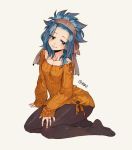  arm_support black_legwear blue_hair breasts brown_eyes cleavage collarbone fairy_tail grey_background head_tilt headband jewelry kneeling levy_mcgarden long_hair no_shoes orange_sweater pantyhose ring rusky simple_background small_breasts smile solo sweater wedding_ring 