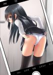  asashio_(kantai_collection) ass bangs belt bent_over black_dress black_hair black_legwear blue_eyes blush cellphone cellphone_picture commentary_request dress dress_lift embarrassed eyebrows_visible_through_hair from_behind highres iphone kantai_collection long_hair long_sleeves looking_back open_mouth panties pantyshot pantyshot_(standing) phone pleated_dress remodel_(kantai_collection) rokosu_(isibasi403) shirt smartphone solo standing thighhighs translated underwear upskirt white_panties white_shirt 