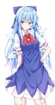  1girl =3 alternate_hairstyle blue_bow blue_dress blue_eyes blue_hair blush bow breasts cirno closed_mouth collared_shirt cowboy_shot dress eyebrows_visible_through_hair fairy garter_straps hair_between_eyes hair_bow highres ice ice_wings kuraaken large_breasts long_hair older puffy_short_sleeves puffy_sleeves shirt short_sleeves simple_background smile solo thighhighs touhou v-shaped_eyebrows white_background white_legwear white_shirt wings 