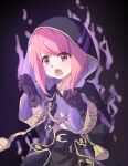  aura belt black_gloves blush commentary_request cosplay dark_aura fire_emblem fire_emblem:_kakusei fire_emblem_heroes fire_emblem_if gimurei gimurei_(cosplay) gloves hood hood_up long_sleeves my_unit_(fire_emblem:_kakusei) open_mouth pink_hair red_eyes robe sakura_(fire_emblem_if) short_hair solo transistor wide_sleeves 