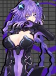  absurdres blue_eyes braid breasts cleavage cleavage_cutout covered_navel d-pad d-pad_hair_ornament hair_ornament hand_to_own_mouth hand_up highres large_breasts leotard long_hair looking_at_viewer neptune_(series) power_symbol purple_hair purple_heart shishin_(shishintei) skin_tight solo symbol-shaped_pupils twin_braids twintails upper_body very_long_hair 